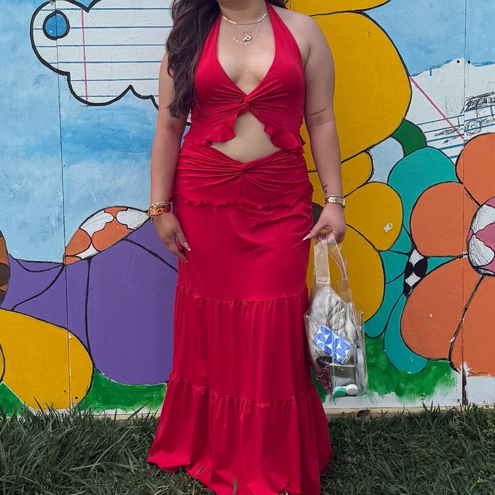 Red Halter Maxi Skirt Set